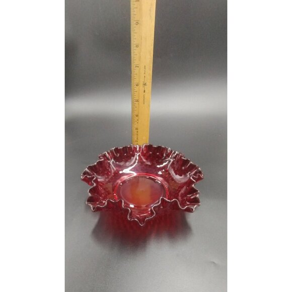 Fenton Hobnail Ruby Red Amberina Glow Ruffle Glass Candy Dish - Picture 12 of 16
